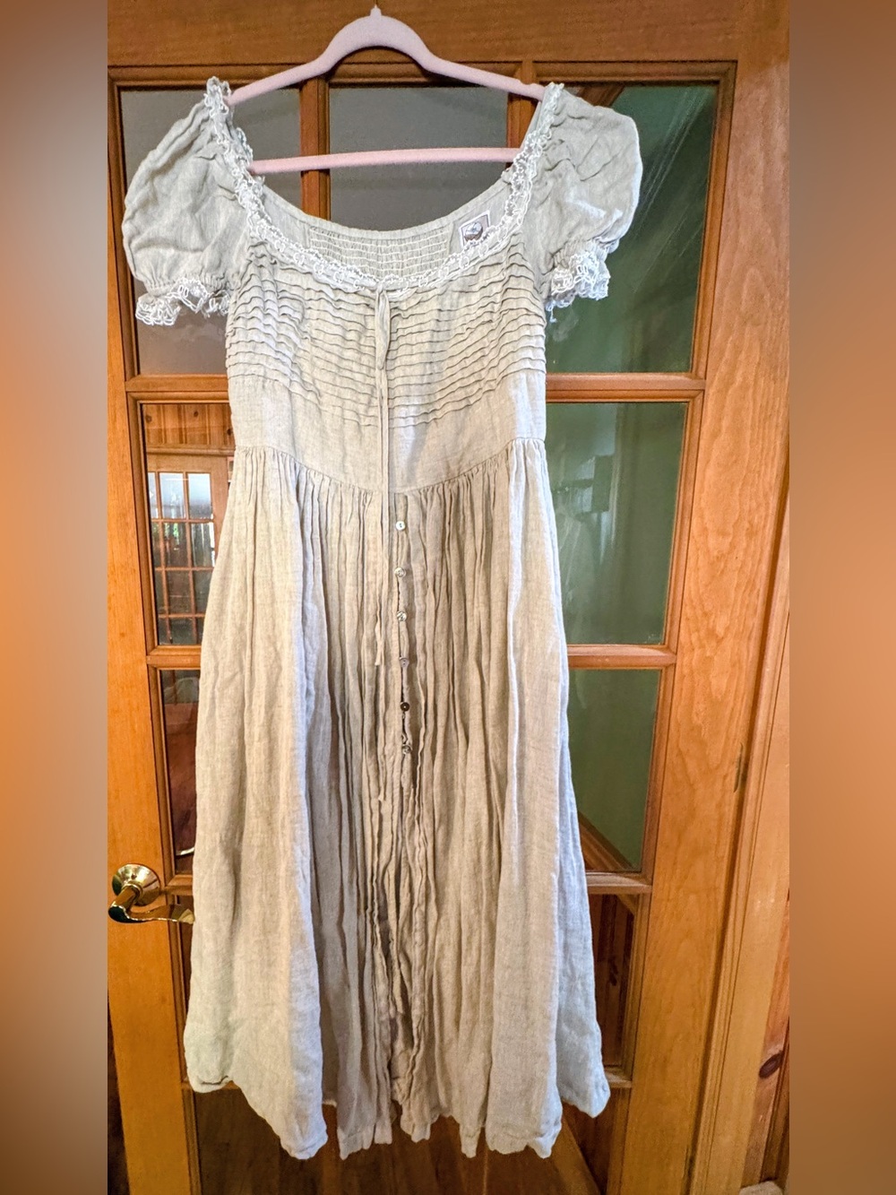 Bohemian Light Beige Linen Maxi Dress with Puff Sleeves